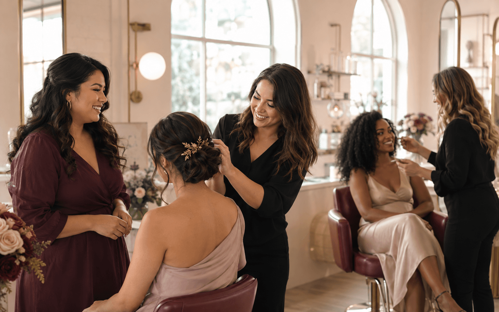 Synthetic bright salon scene with a bridal party receiving hair styling.